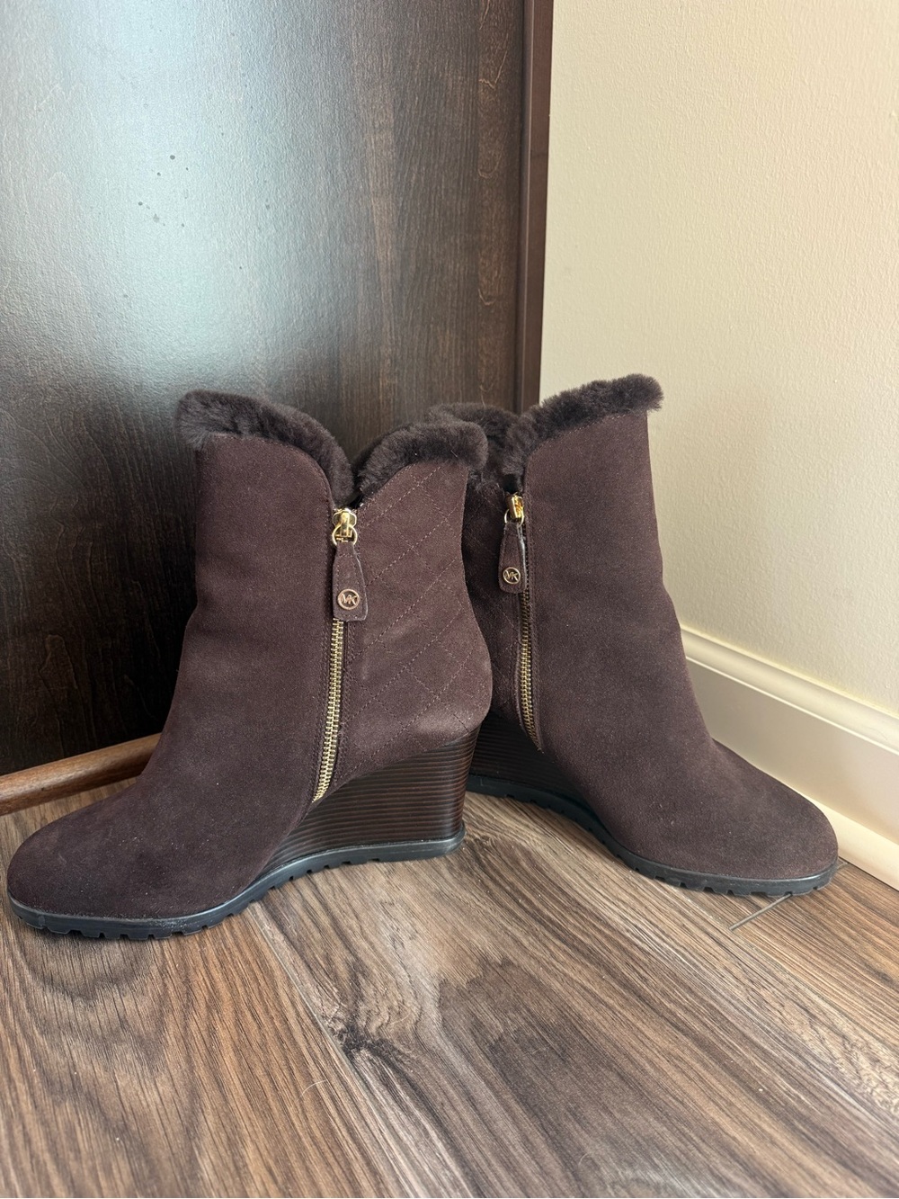 Michael Kors Dark Brown Suede Fur-Trim Wedge Ankle Booties